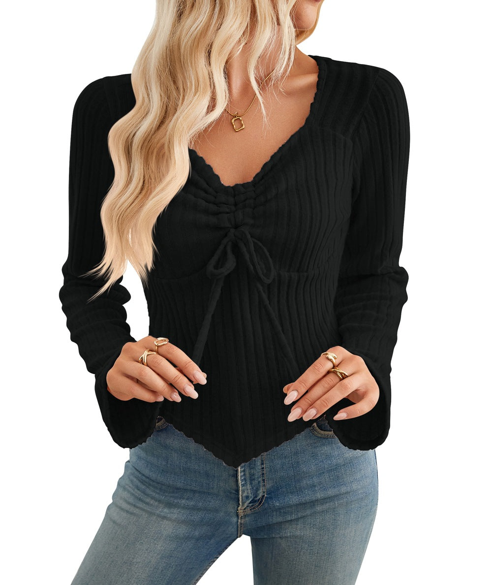 Women's Ruffled Long Sleeve Striped Cropped Top T-Shirt