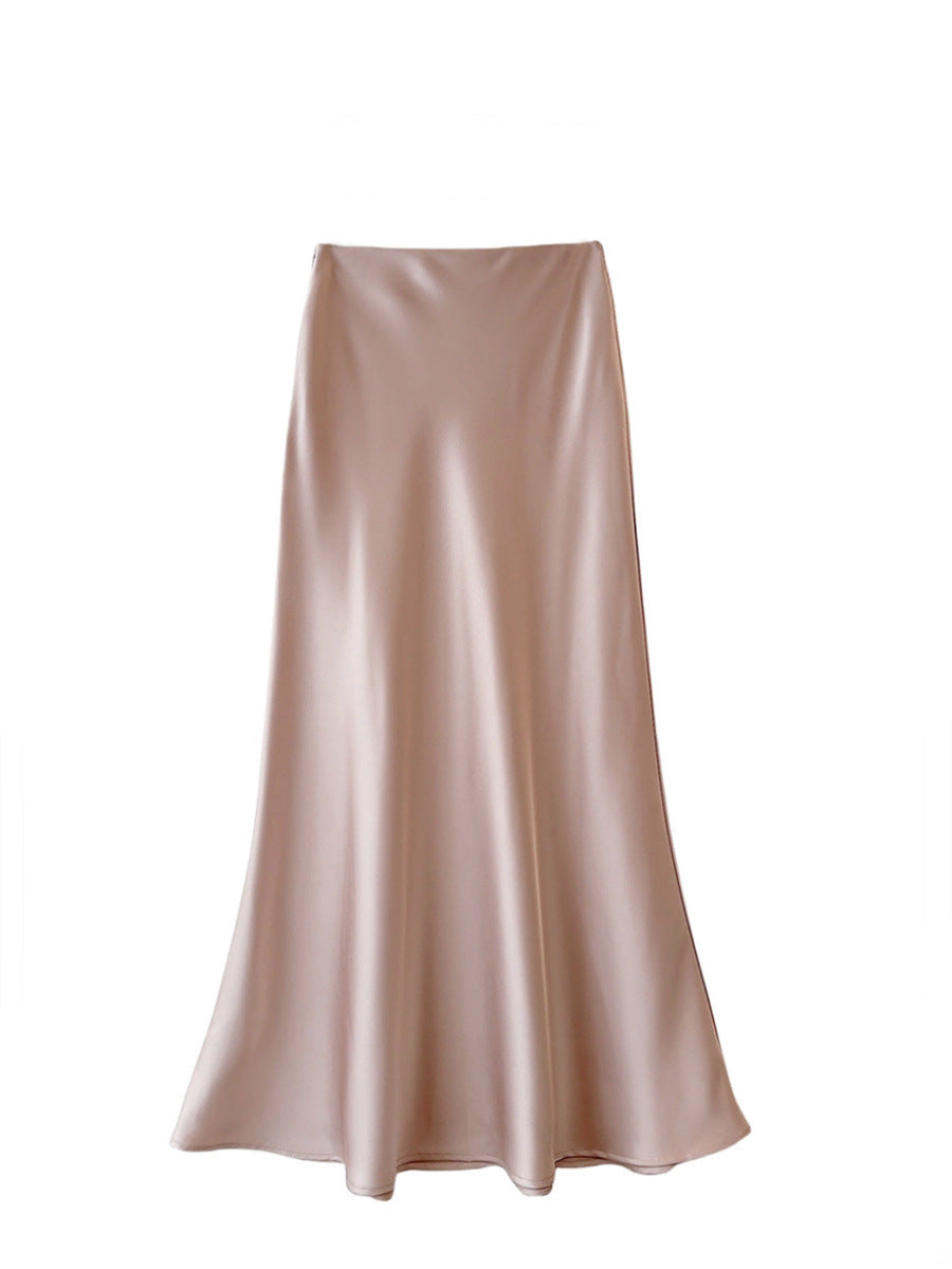 High Waist Mid-length Satin Acetate Silky Skirt