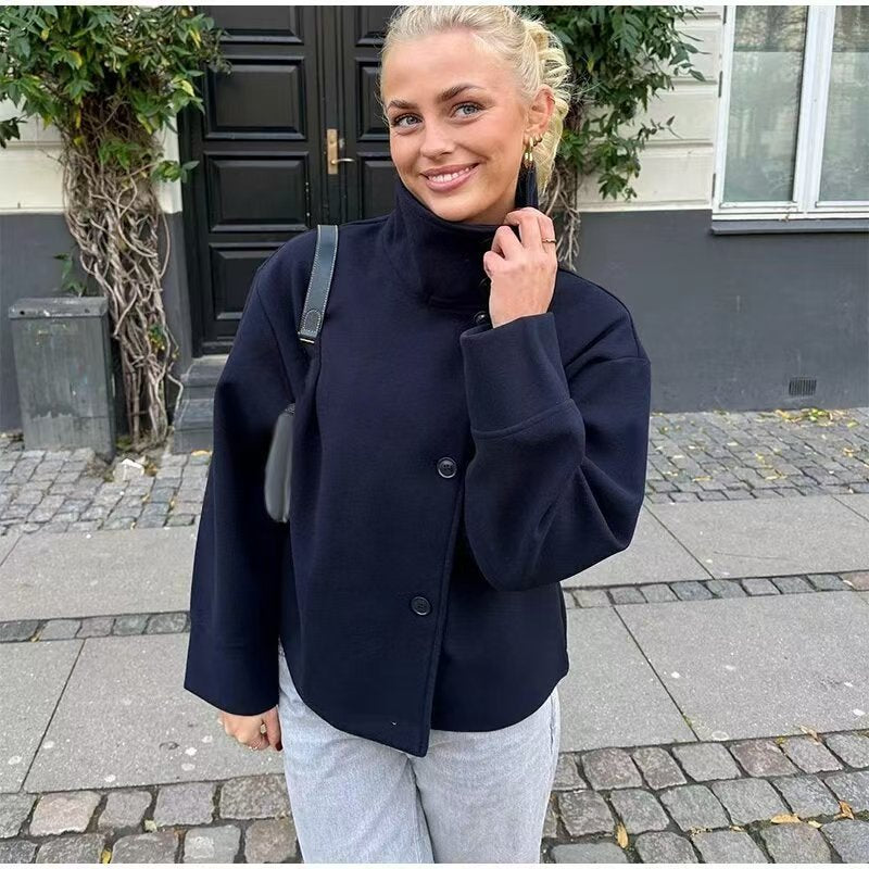 Women's Jacket Stand Collar Single Breasted Loose Woolen Coat