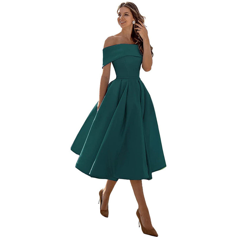 Women's Fashion Casual Strapless Satin Party Dress Off The Shoulder Tea Length Satin Prom Dresses With Pockts Formal Evening Party Dress