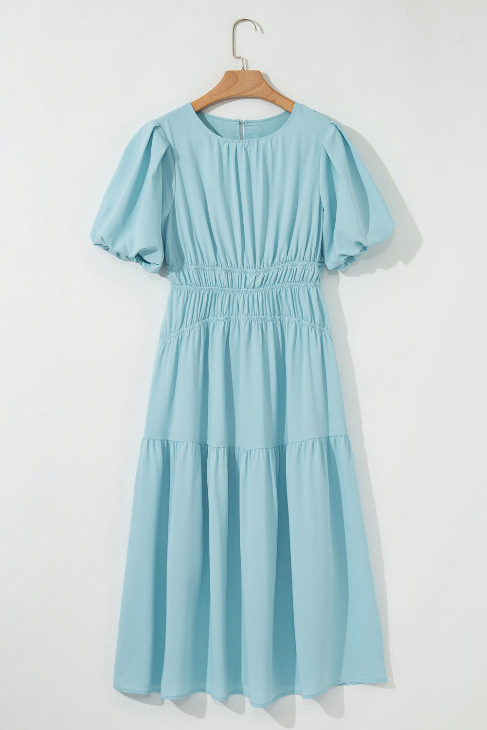Light Blue Puff Sleeve High Waist Flowy Midi Dress