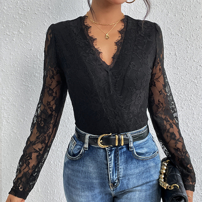 Lace Stitching Long-sleeved Jumpsuit Slim Fit Lace V-neck Hollowed-out Jumpsuit