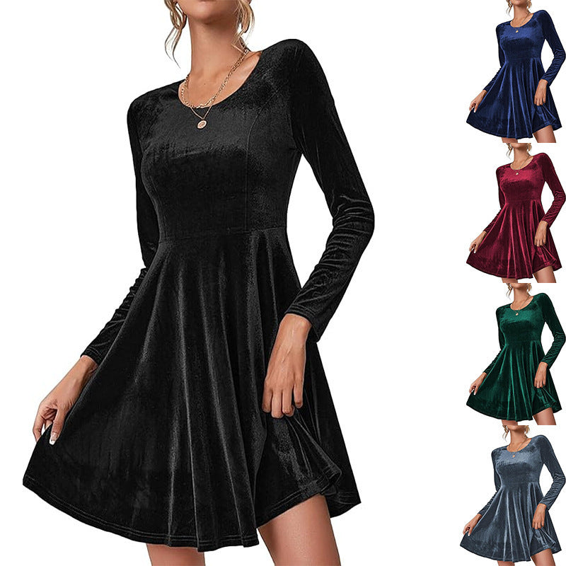 Womens Solid-Color Long-Sleeve Crew-Neck Velvet Maxi Dress For Valentines Day