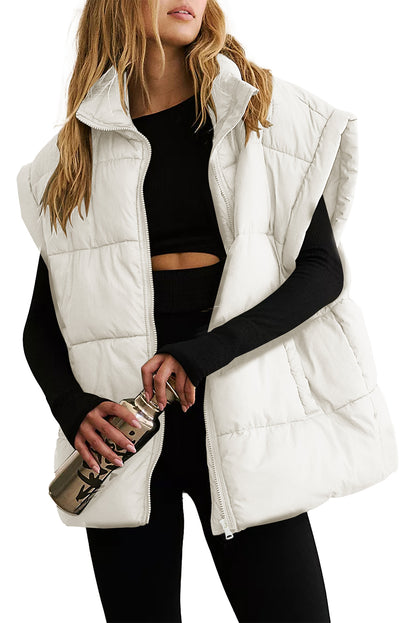 Black Solid Zipper Stand Neck Oversized Puffer Vest