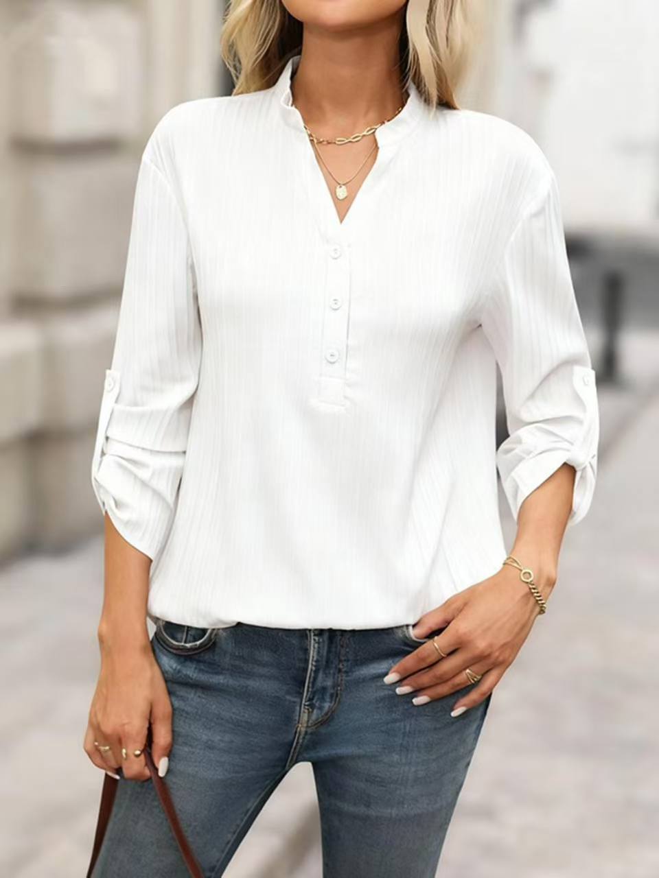 V-neck Partially Open-buttoned Shirt Fashionable And Versatile Top