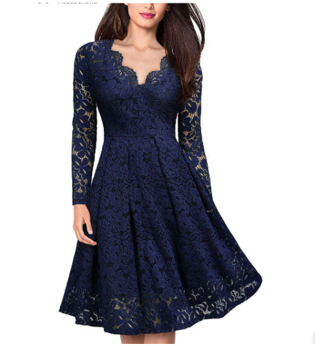 Women Dresses V-Neck Off Shoulder Lace Evening Party Dress Long Sleeve Dress Spring Autumn Vestido Invierno Mujer