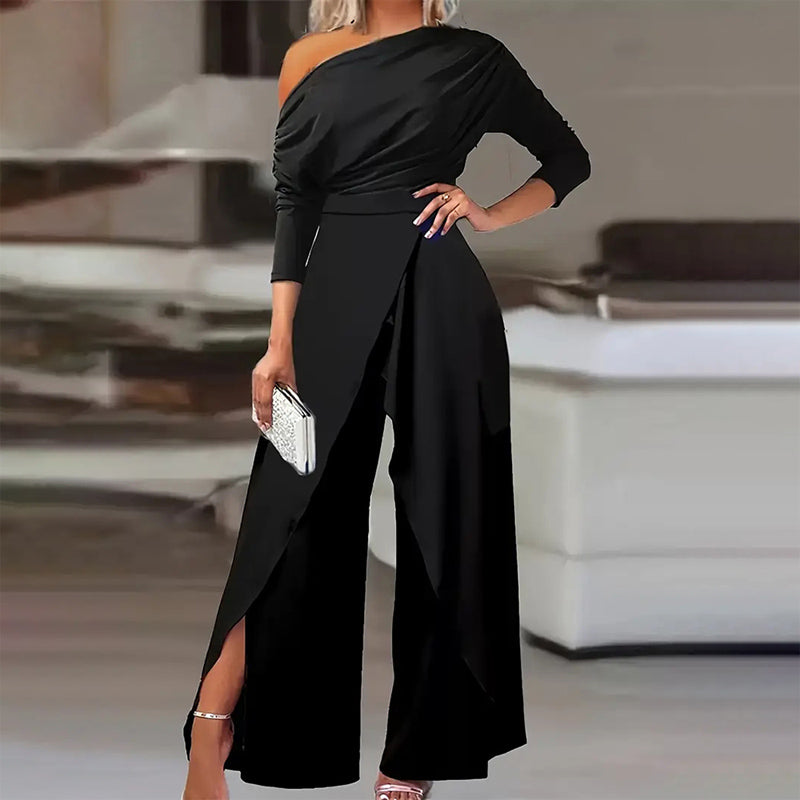 Women's Elegant One-Shoulder Jumpsuit With Long Sleeves & Pants Slit Pleated Waist Formal & Party For Spring&Summer