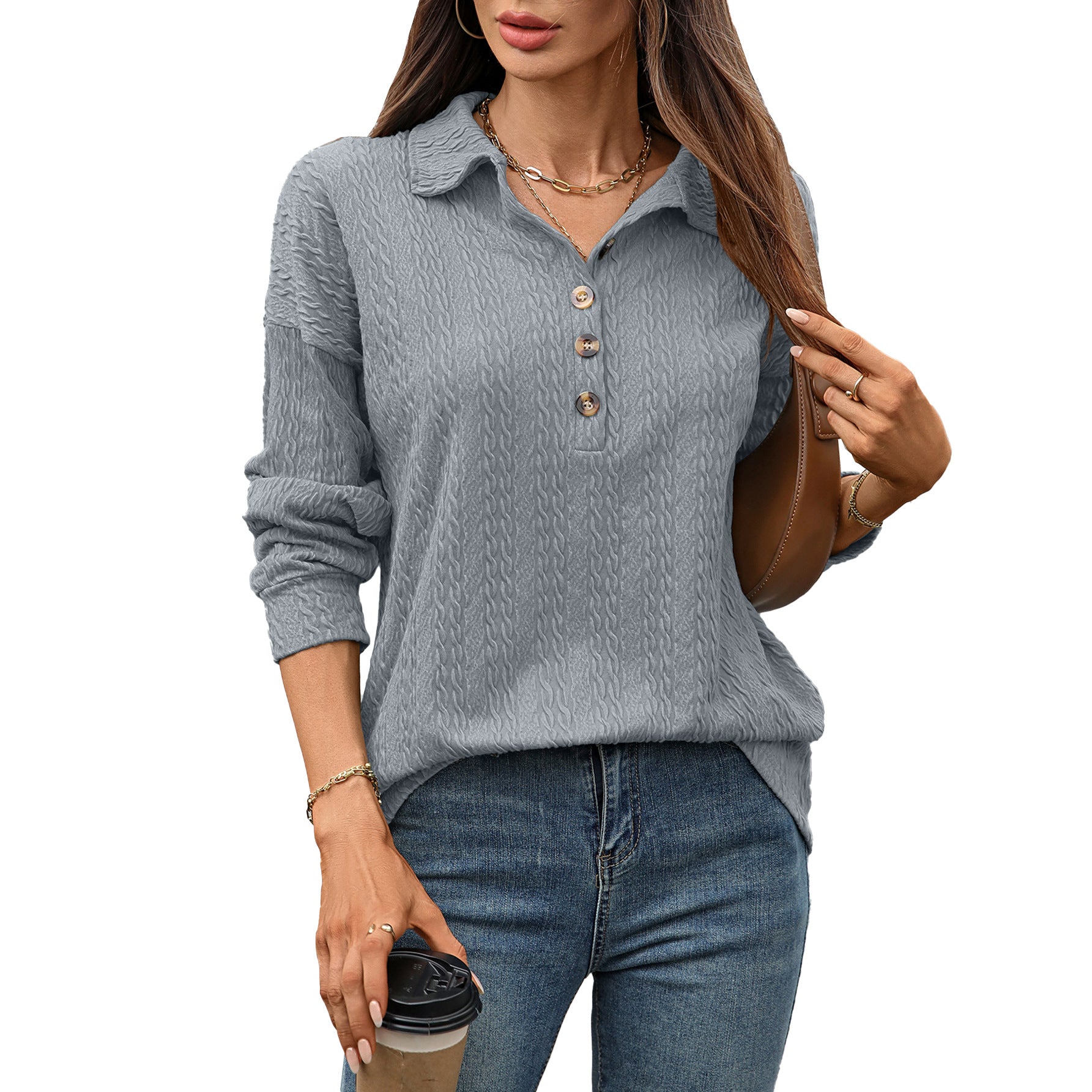 Solid Color Polo Collar Button Loose Long Sleeve Sweatershirt