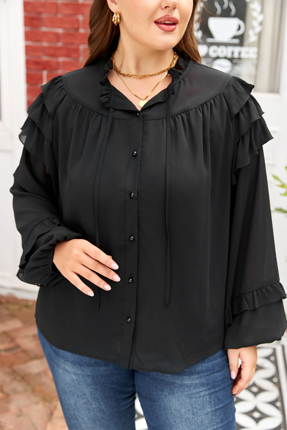 Black Ruffle Balloon Sleeve Chiffon Elegant Plus Size Shirt