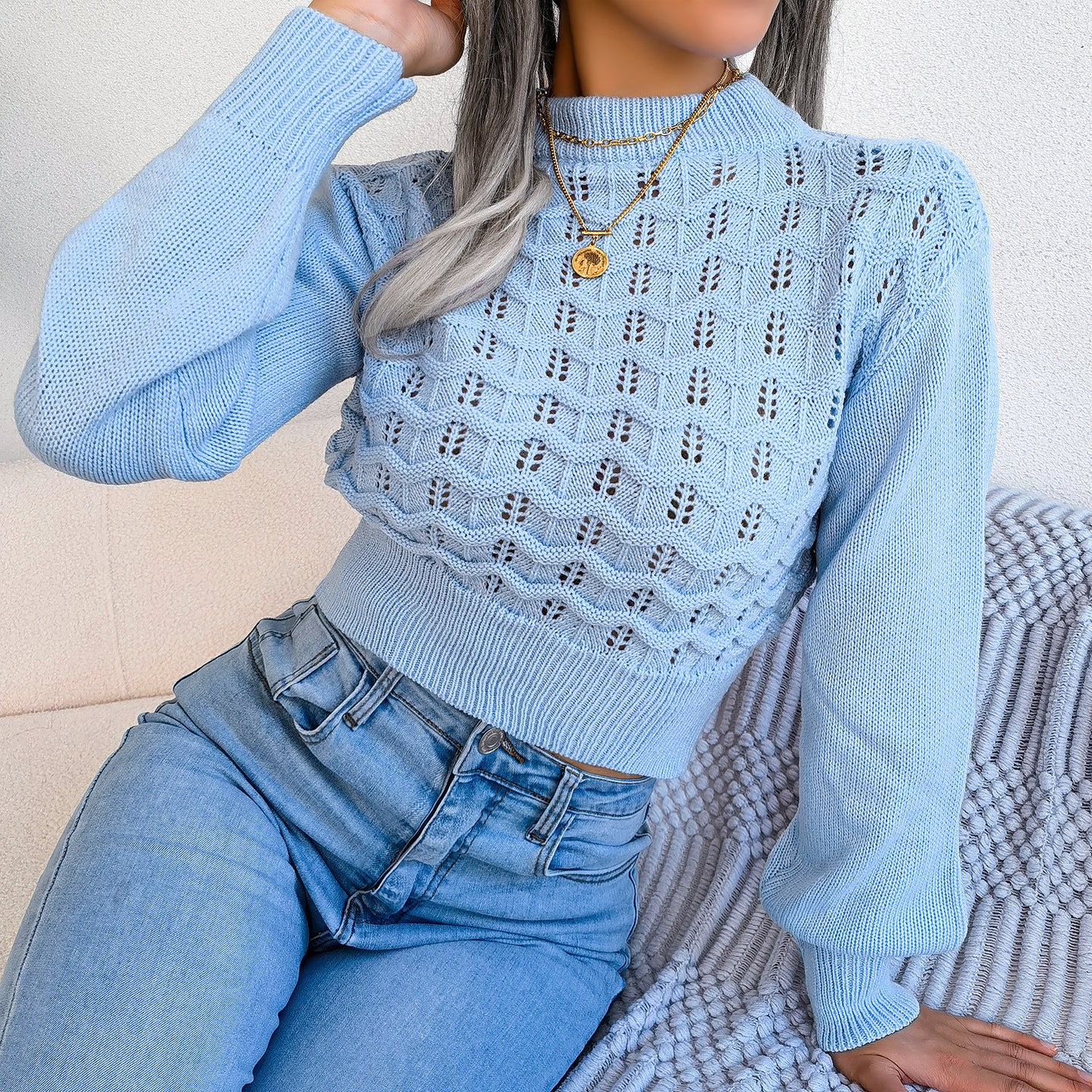 Women Street Style Solid Color Hollow Stripe Lantern Sleeve Cropped Sweater