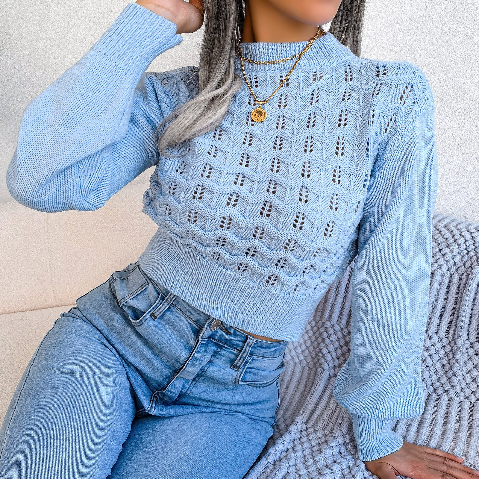 Women Street Style Solid Color Hollow Stripe Lantern Sleeve Cropped Sweater