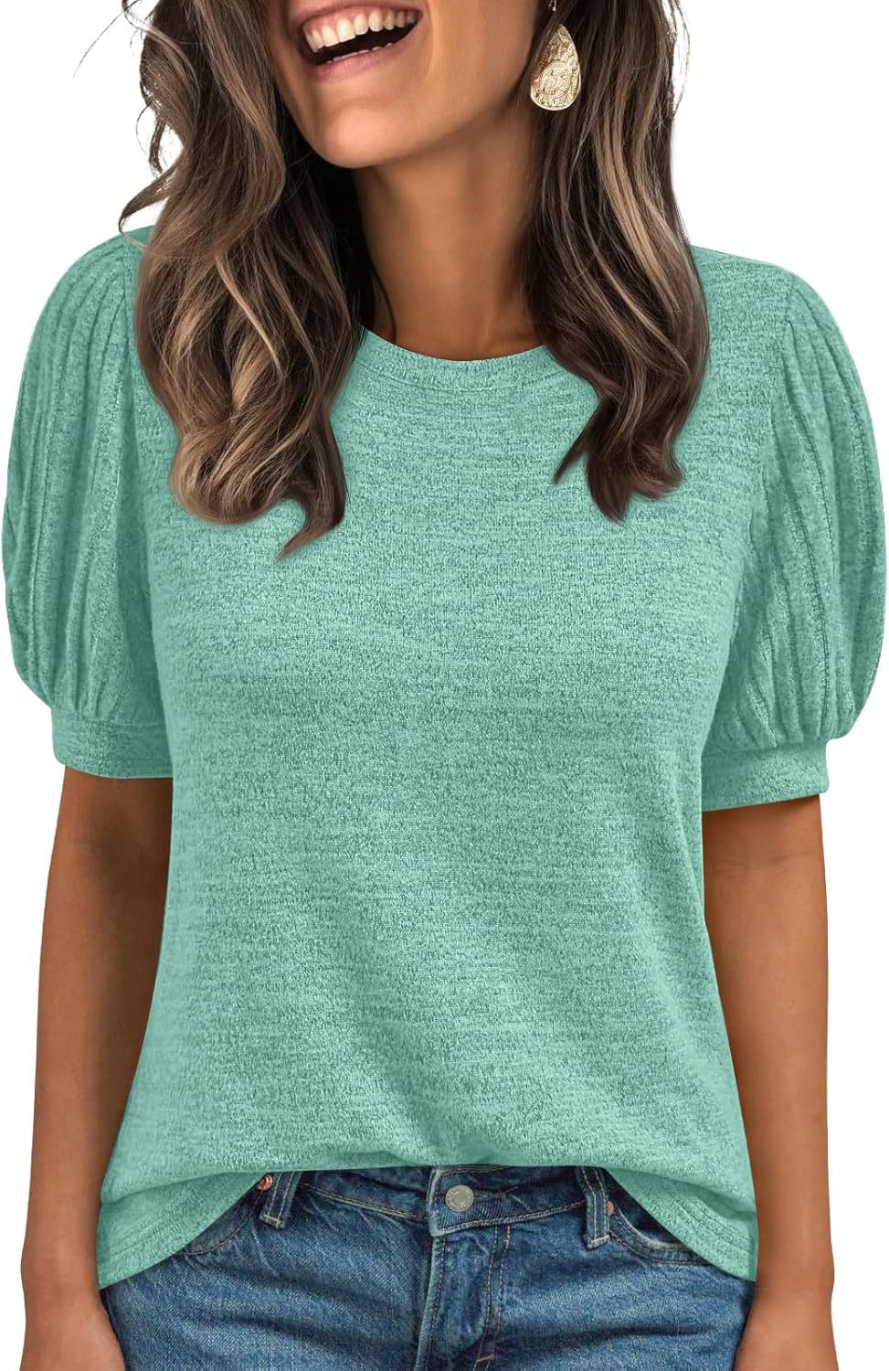 Spring Summer Crew-Neck Solid-Color Elastic-Cuff Short-Sleeve Top