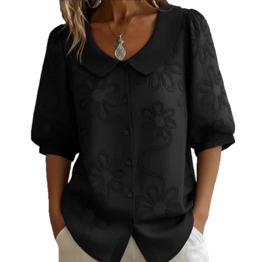 Loose-fit Retro Buttoned 3D Embroidered Floral Shirt