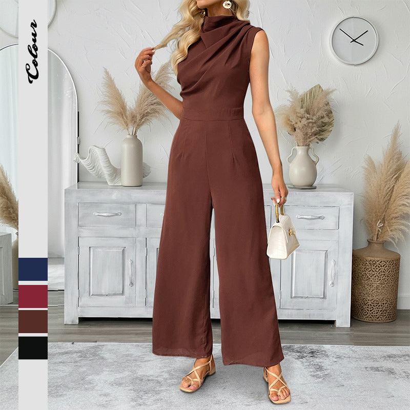 Casual Sleeveless Solid-color Boat-neck Wide-leg Jumpsuit