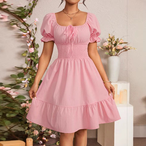 Pleated Ruffle A-line Dress With A Square Neckline And Short Sleeves