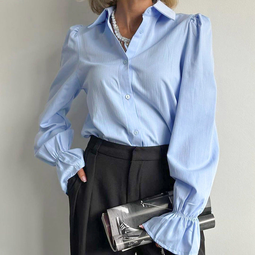 Elegant Design Simple Women's Bell Sleeve Solid Color Shirt