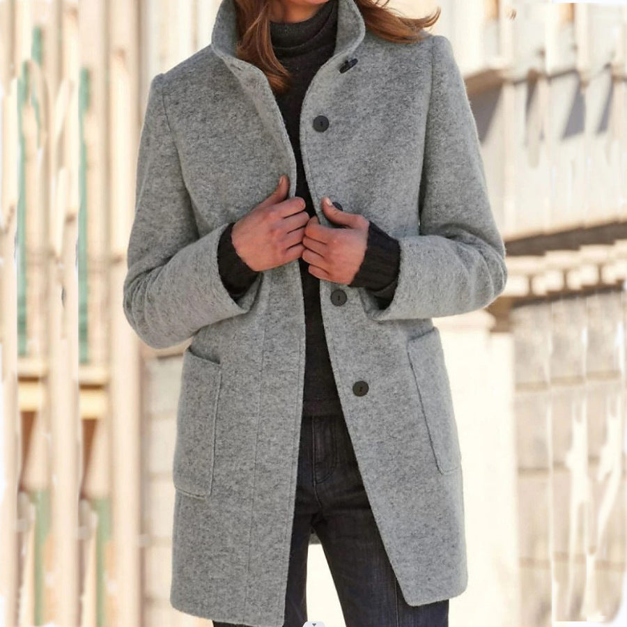 Stand Collar Woolen Coat With Pockets Fall Casual Button Outwear
