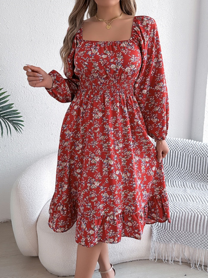 Women's Elegant Floral Square Neck Long Sleeve Waist-Defined Hem Ruffle A-Line Dress