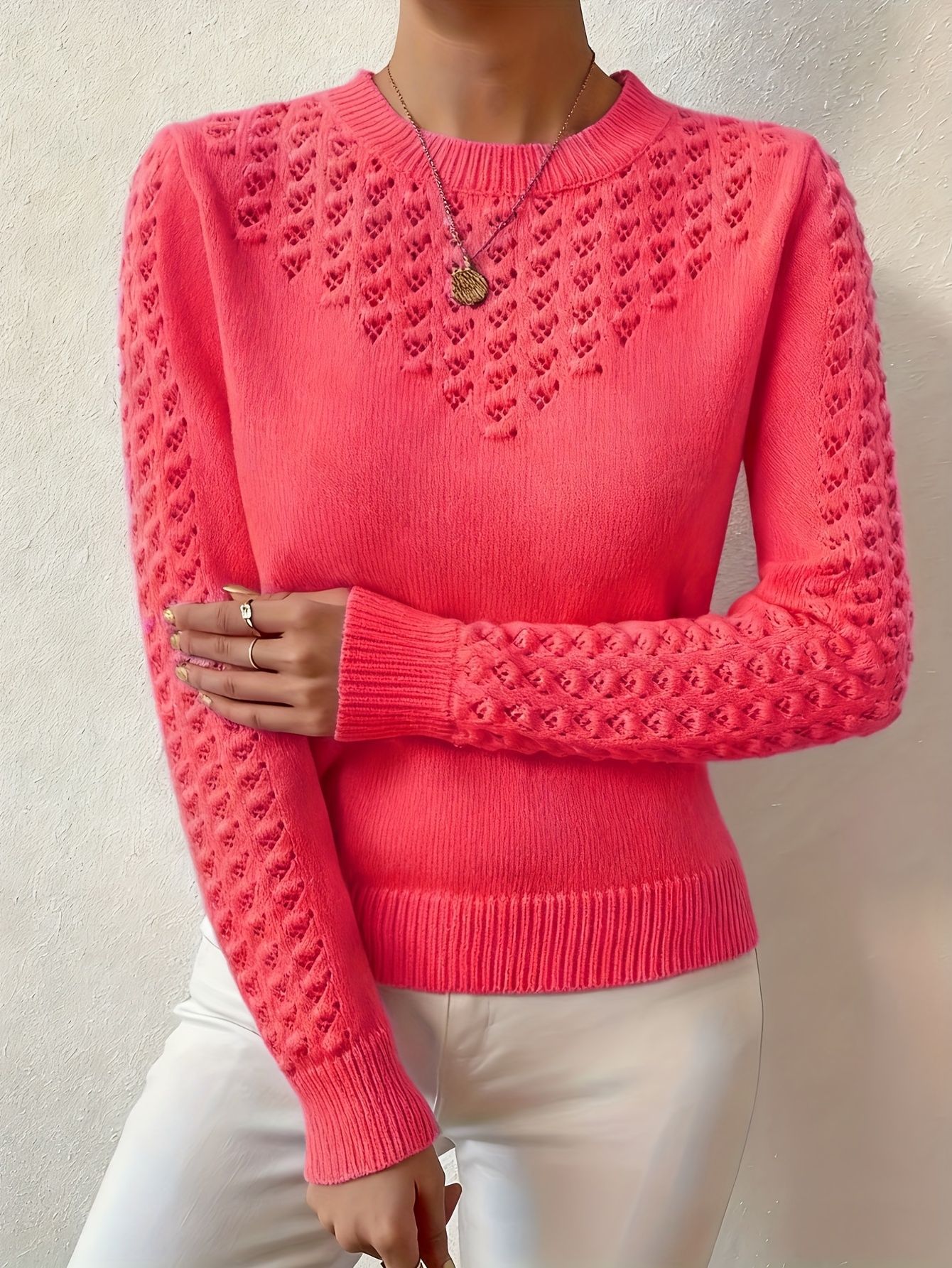 Womens Hollow-Out Knitted Sweater With A Crew Neck And Long Sleeves, Slim-Fit Design