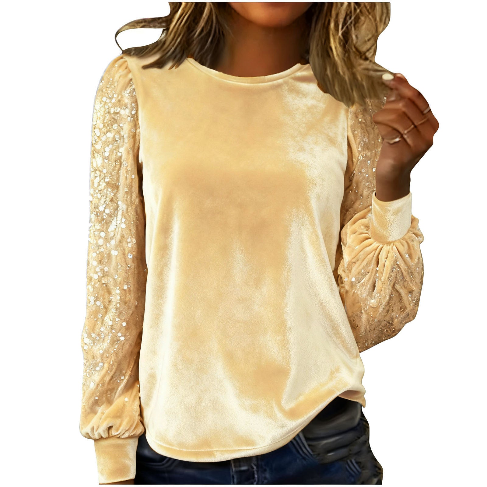 Velvet Crew-Neck Sequin-Patchwork Long-Sleeve T-Shirt Top
