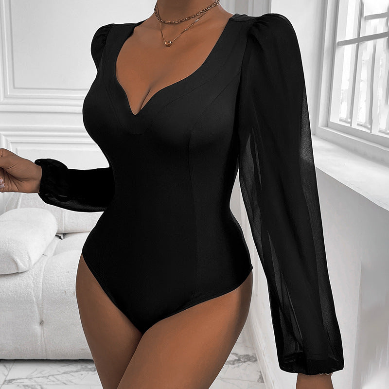 Ladies' Mesh V-neck Patchwork Jumpsuit