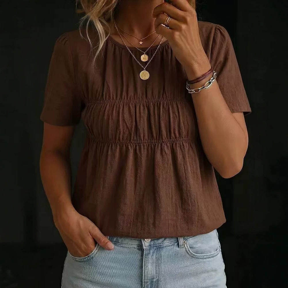 Women's Pleated Crew-Neck Short-Sleeve Top T-Shirt