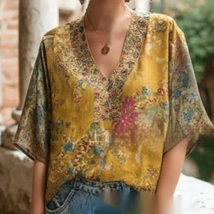 Womens V neck 3D printed Short sleeve Top With An Elegant  Artistic  And Vintage Vibe