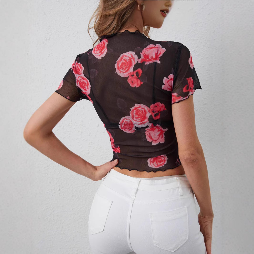 New Mesh Flower Print Wooden Ear New Short Sleeve T-shirt