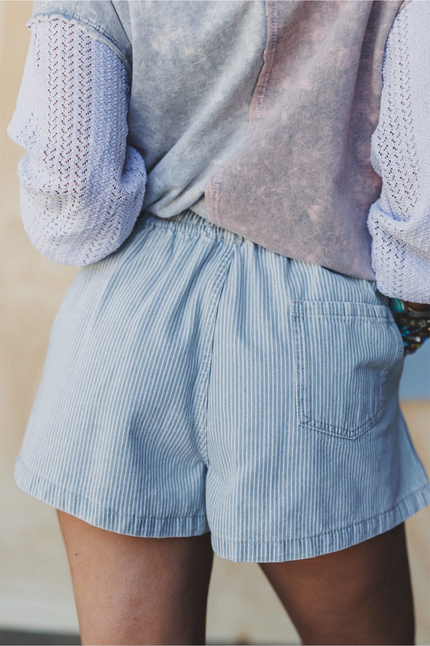 Blue Stripe Drawstring Elastic Waist Casual Denim Shorts