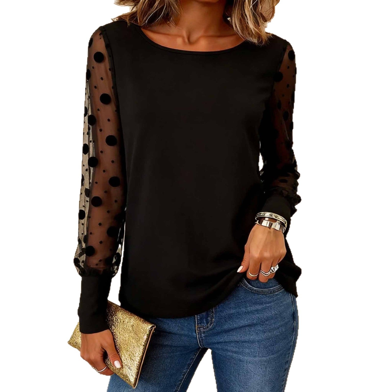 Elegant Round-Neck Sheer Mesh Panelled T-Shirt