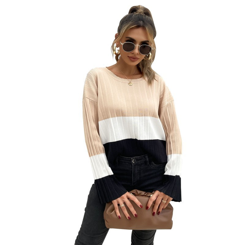 European And American Leisure Fashion Pullover Round Neck Long Sleeves Color Matching Sweater