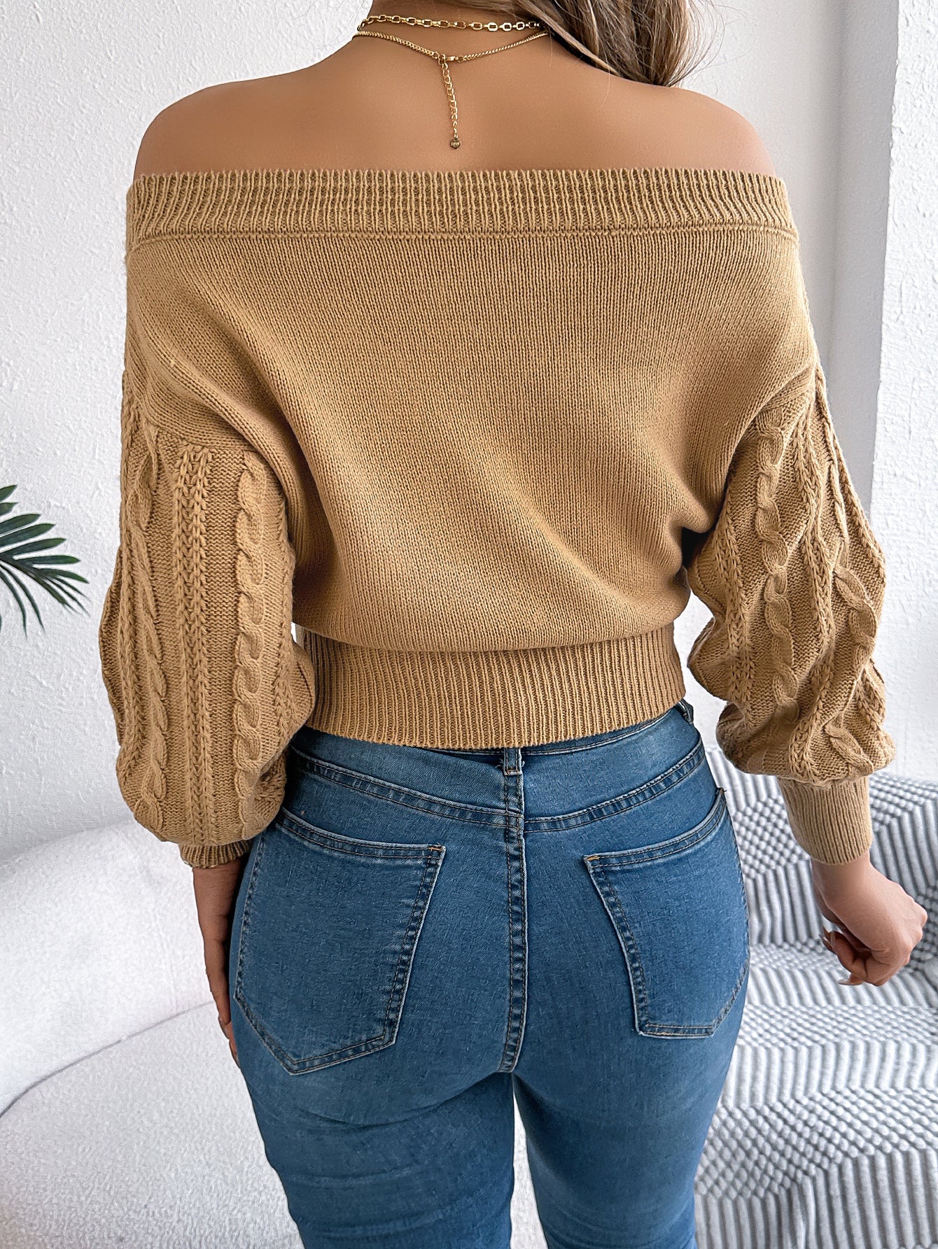 Women Casual Solid Color Off-Shoulder V-Neck Long Sleeve Pullover Sweater