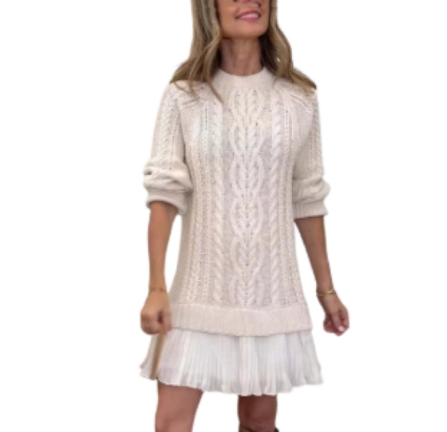 Women's Solid Color Cable Knit Sweater With Lace Hem, Round Neck Long Sleeve Top For Autumn And Winter