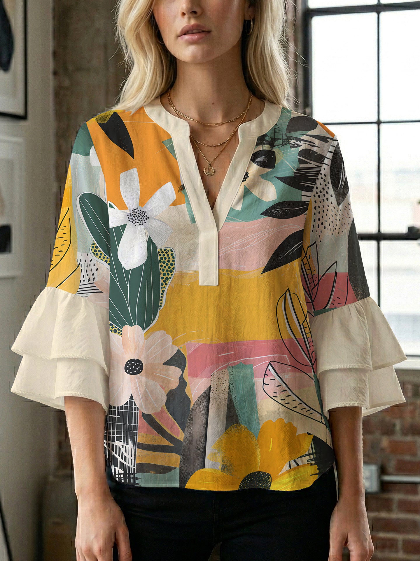 Women's Digital Print Puff Sleeve Top
