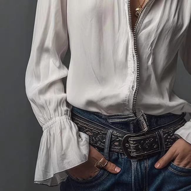 Womens Long-sleeve Zip-up Crew-neck Blouse