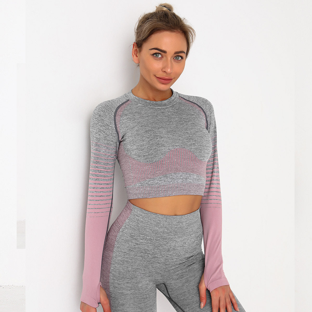 Women's Tights Seamless Knitted Color Matching Yoga Long Sleeves