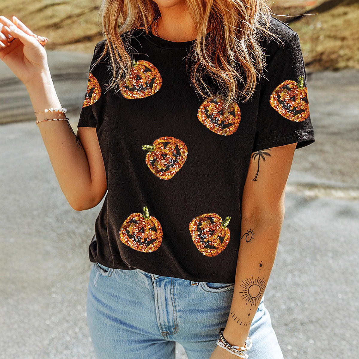 Women's Casual Halloween Sequin Stitching Loose Short Sleeve