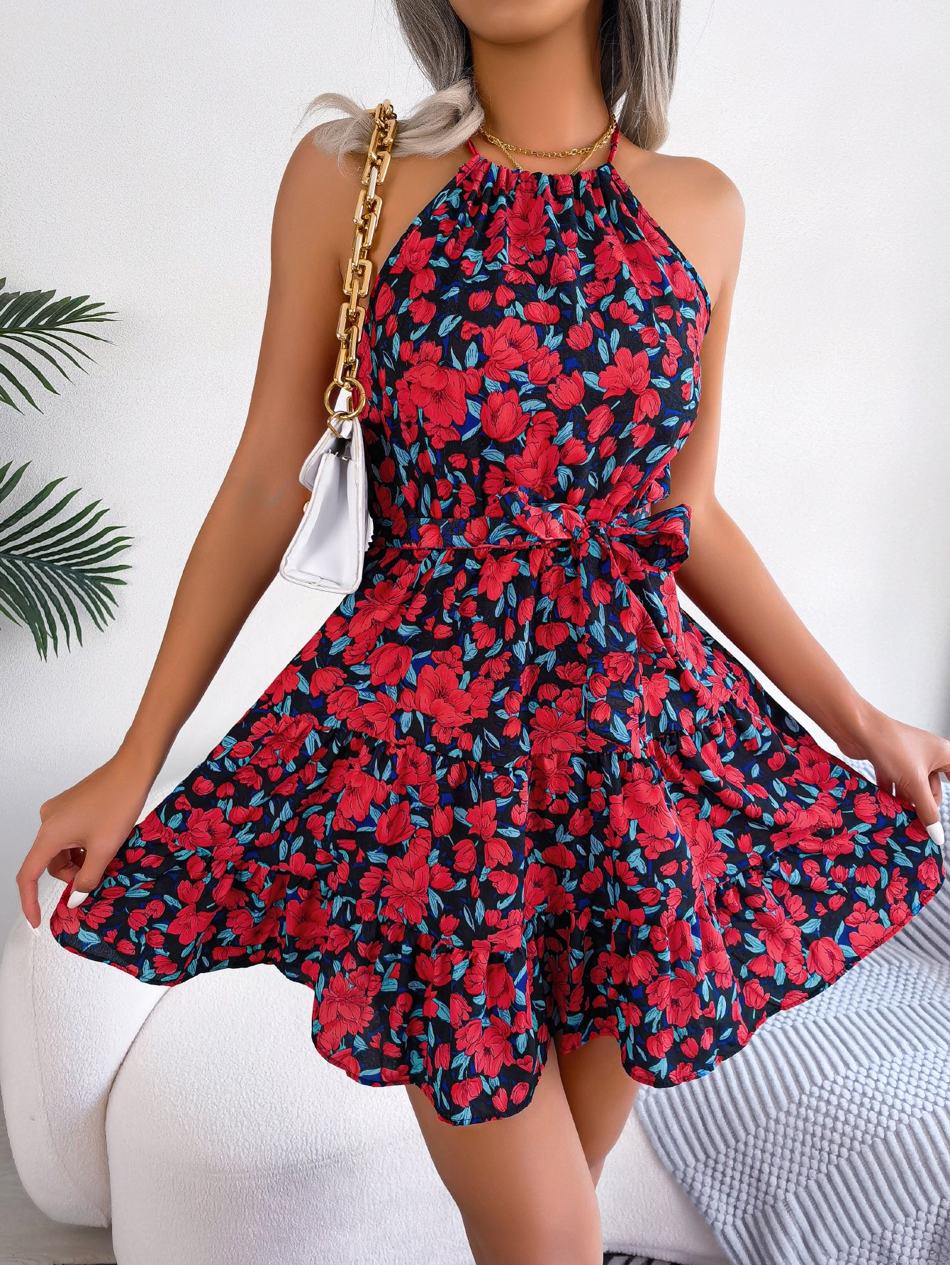 Women Casual Ruffle Hem Flowy Floral Print Vacation Dress