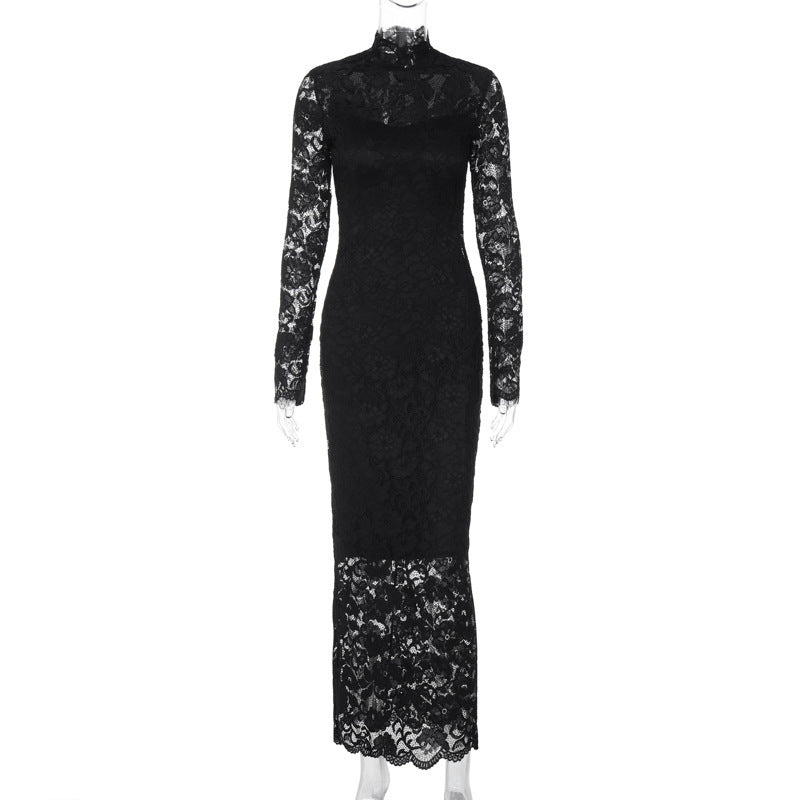 Lace-Panel Slim-Fit Long-Sleeve Dress
