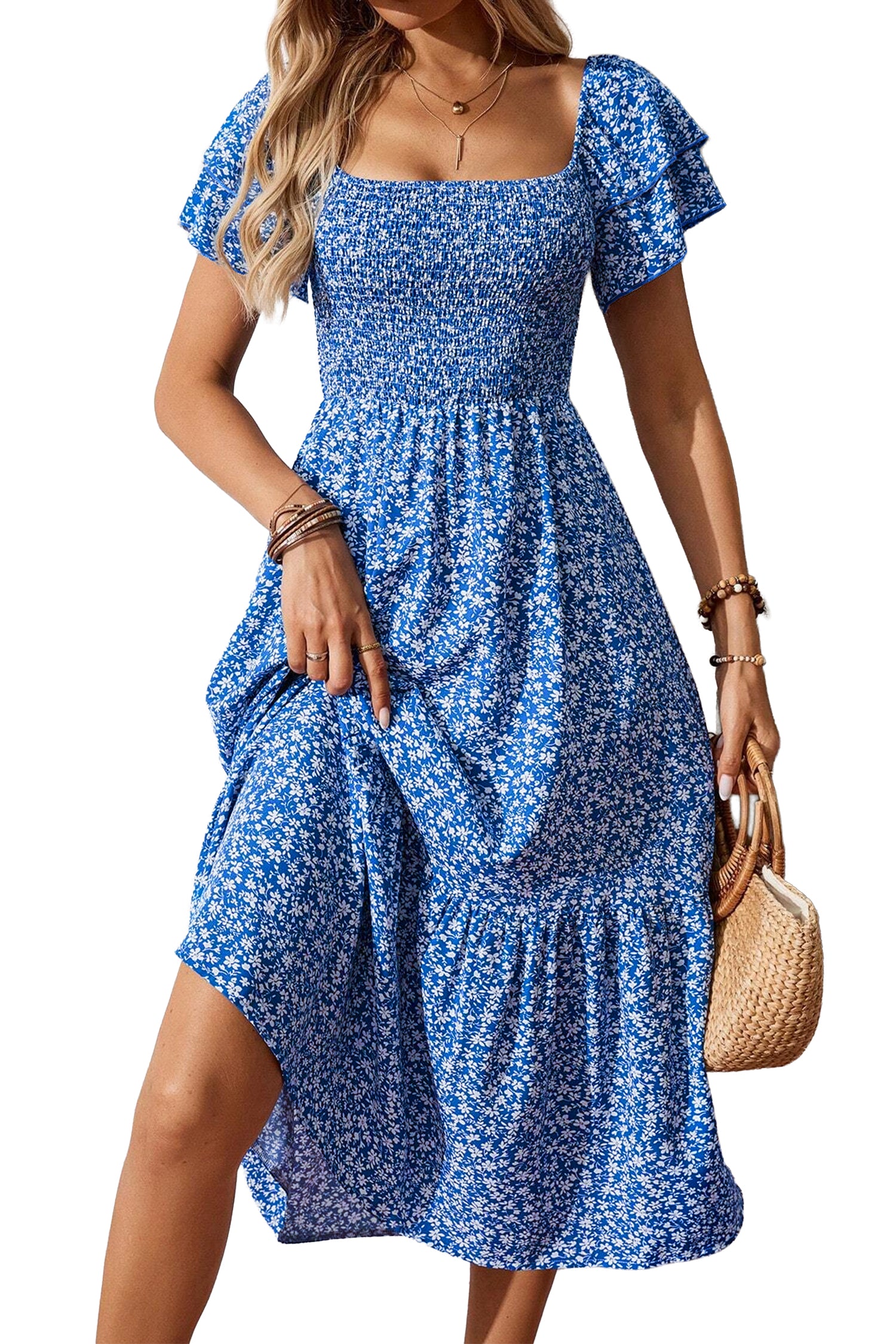 Beige Ditsy Floral Print Smocked Square Neck Ruffle Short Sleeve Dress