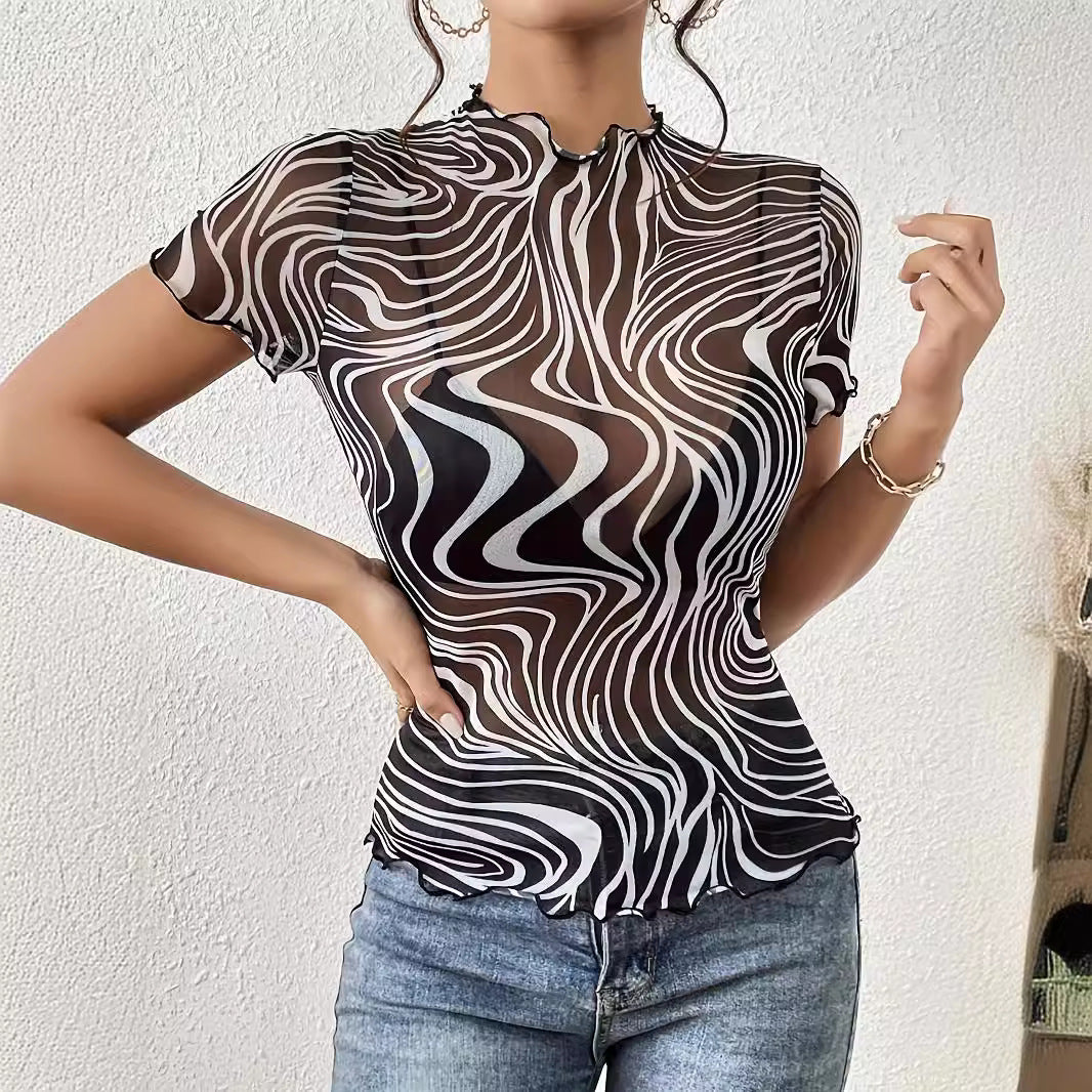 Elegant Womens Mesh Top With Floral Print Striped Design And Ruffle Trim Short Sleeves