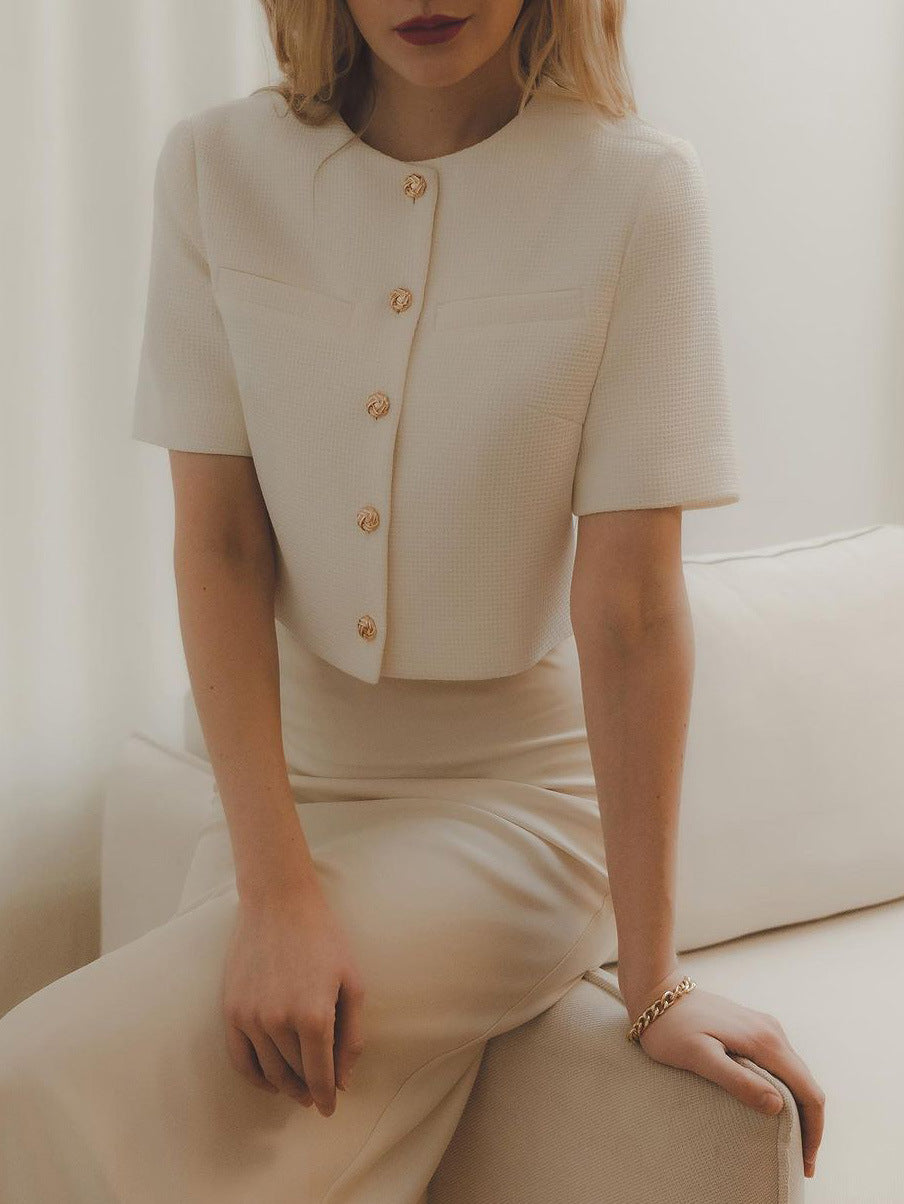 Round Neck Short Sleeve Breasted Coat For Women