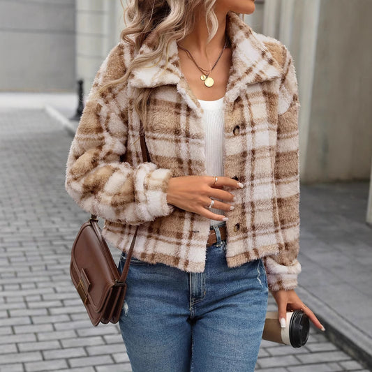 European And American Double-sided Plush Plaid Button Cardigan Casual Coat For Women
