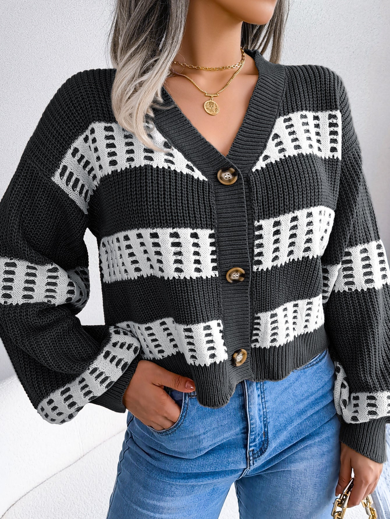 Women Designer Color Block Lantern Sleeve Cardigan Sweater Coat