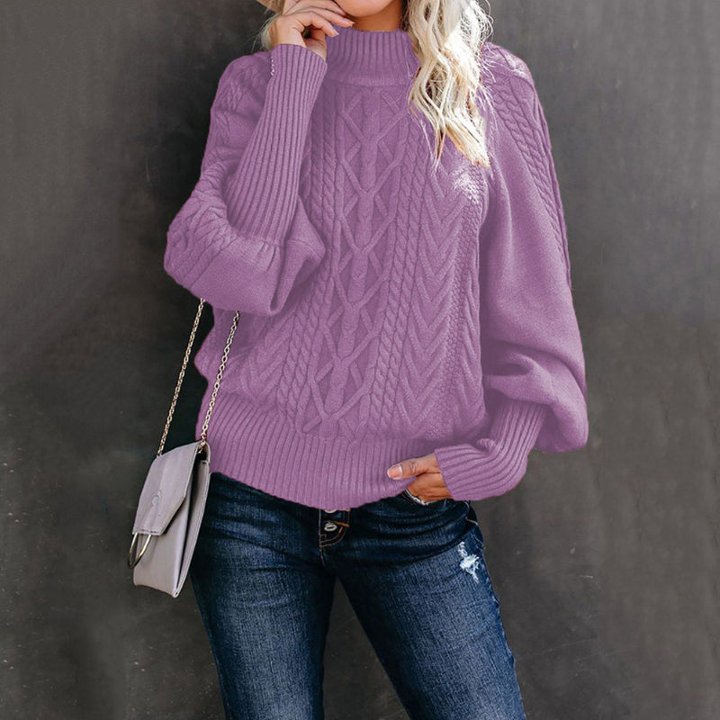 Women's Loose-fitting Long-sleeved Knit Sweater With Mid-neck - Solid Color