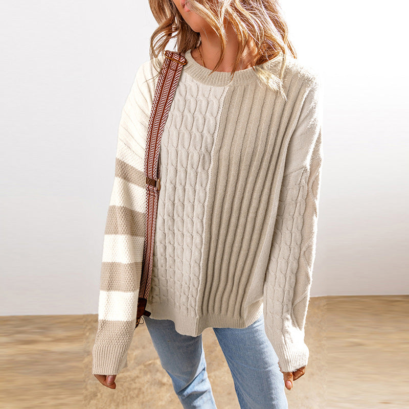 European And American Leisure All-match Color-block Crew Neck Sweater