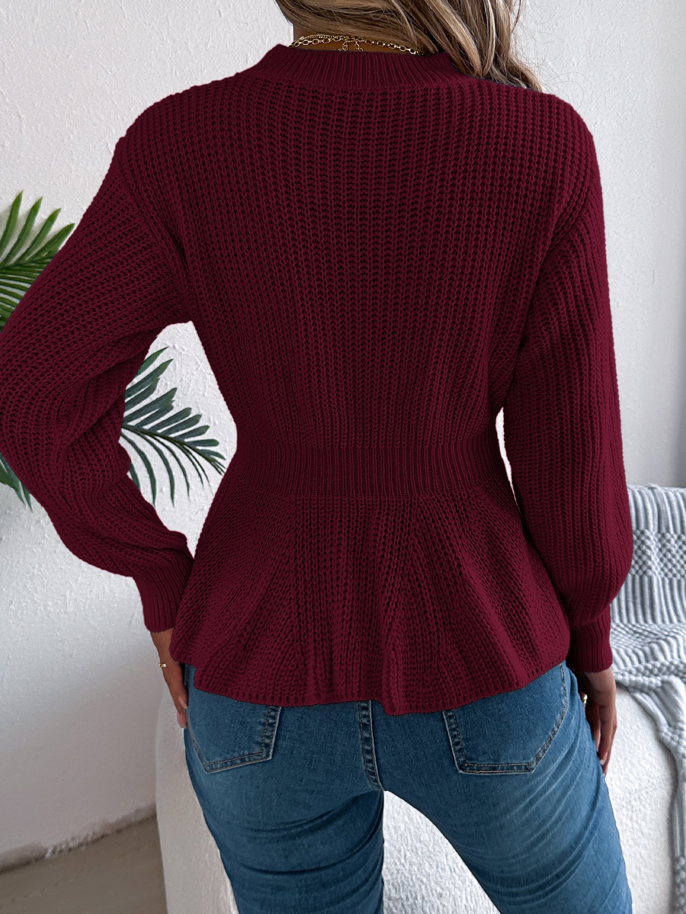 Women Solid Color Cable Knit Cinched Waist Ruffled Long Sleeve Pullover Sweater