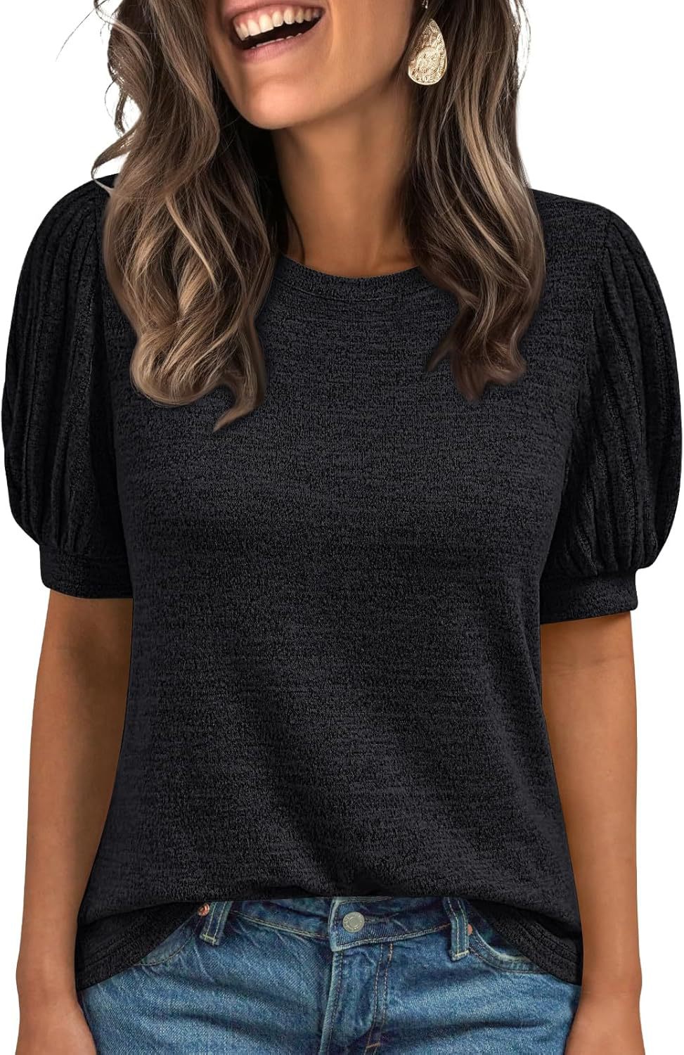 Spring Summer Crew-Neck Solid-Color Elastic-Cuff Short-Sleeve Top
