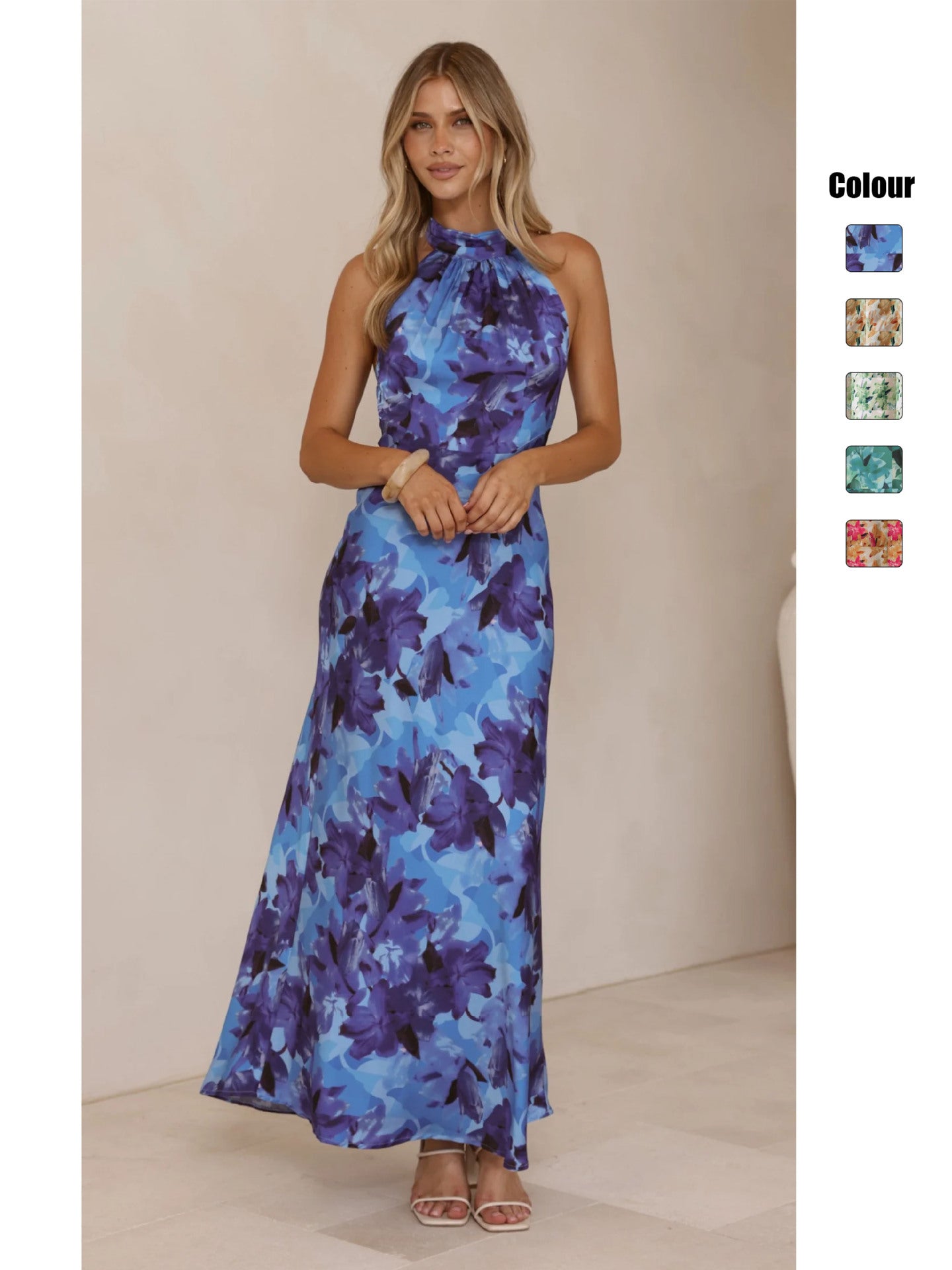 Flower Digital Print Sweet Hanging Neck Mid Length Dress