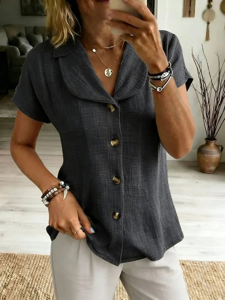 Womens Button-Down Loose Solid-Colored Short-Sleeve Shirt